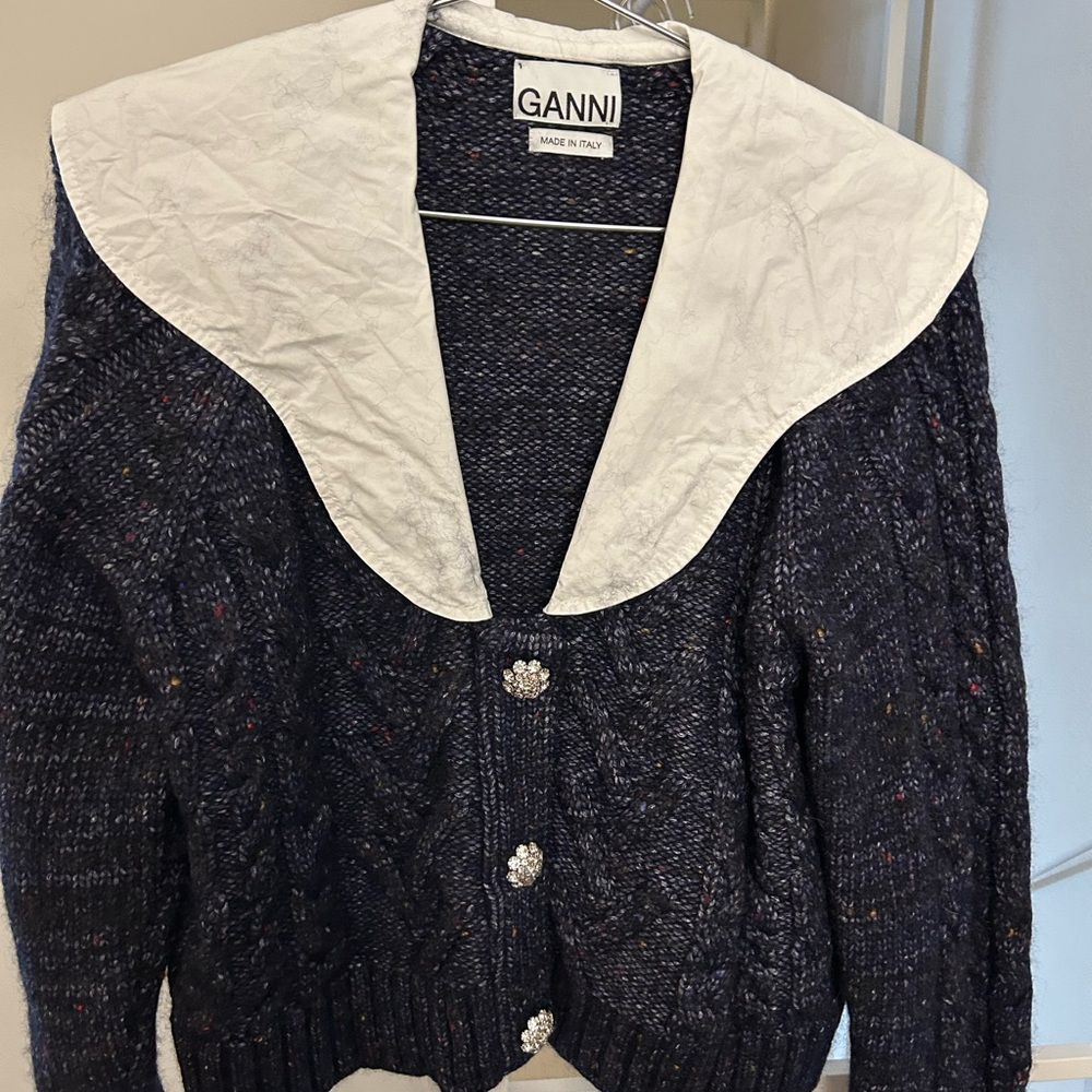 Ganni Dark Blue Cardigan with White Collar